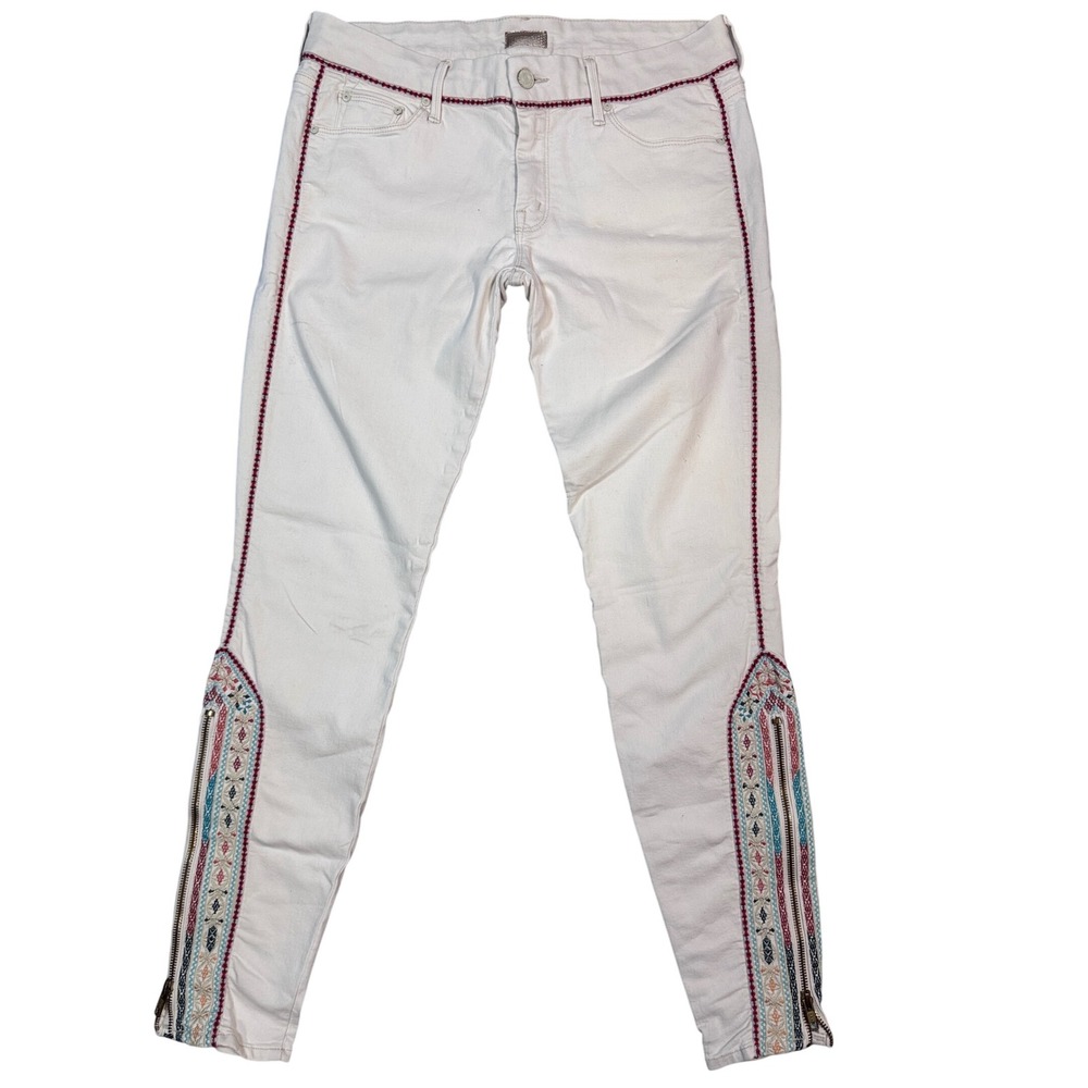 MOTHER The Looker Ankle Zip Barefoot Princess Jeans White Embroidered Size 30